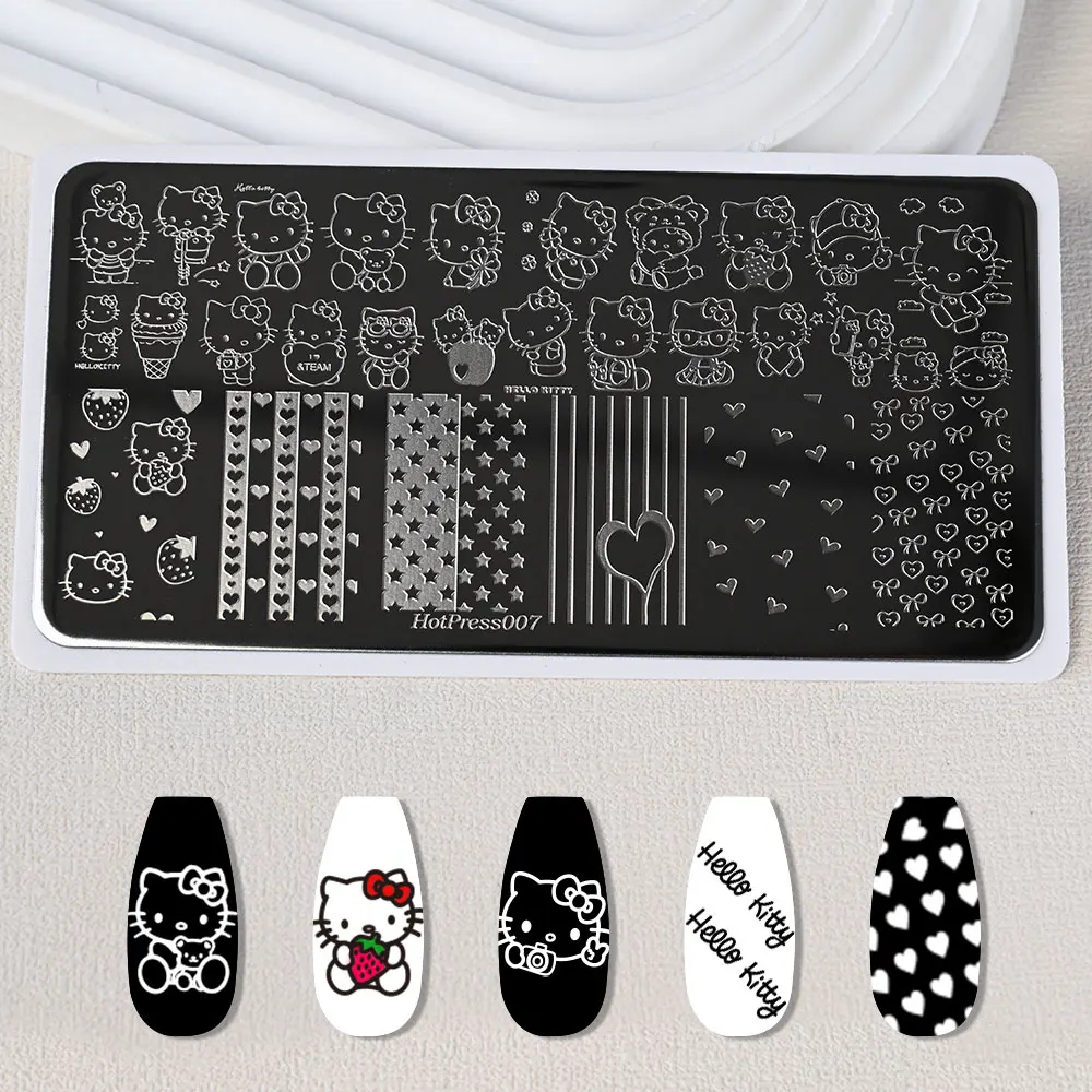 Autocollants de plaque d'estampage pour Nail Art, mignon Hello Kitty, dessin animé japonais Kawaii Kuromi, autocollants pour ongles, modèles de bricolage, outils de manucure, 1 pièce