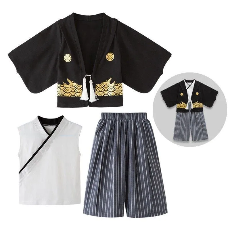 

2026 Children's Summer Kimono Boys/Girls Spring/Autumn Coat Tank Top Pants 3-Piece Set Japanese Performance Costume Set LI679