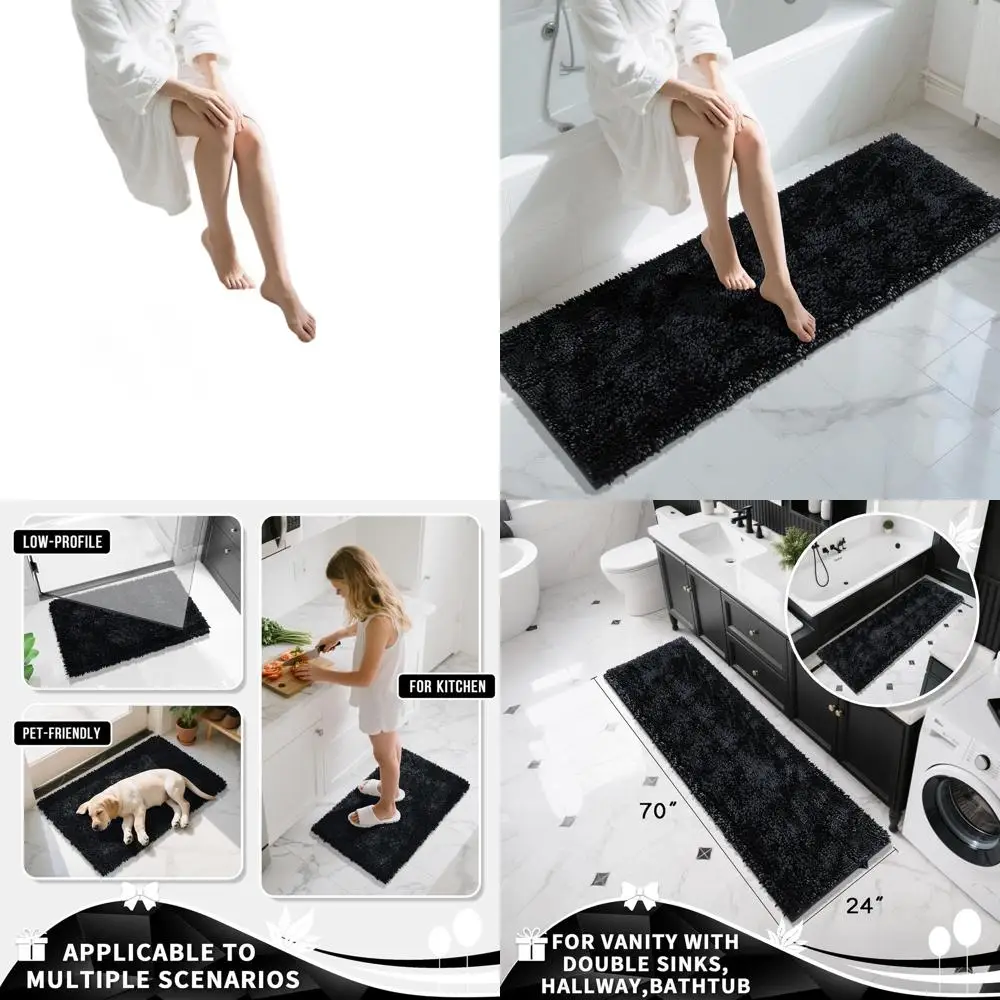 

Толстые бегуны для ванны из черного синели 70x24, мягкие и впитывающие, нескользящие, можно стирать в машине