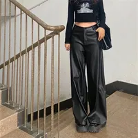 Plus Size High-Waisted Straight-Leg Black PU Leather Trousers Women's Casual Floor-Length Spring Autumn Narrow Wide-Leg Trousers