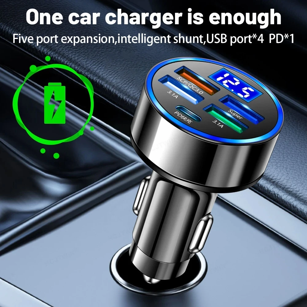 5 Ports Car Charger Type C PD QC3.0 USB 250W Fast Charging Adapter Phone Charger in Car for Huawei iPhone Xiaomi Samsung