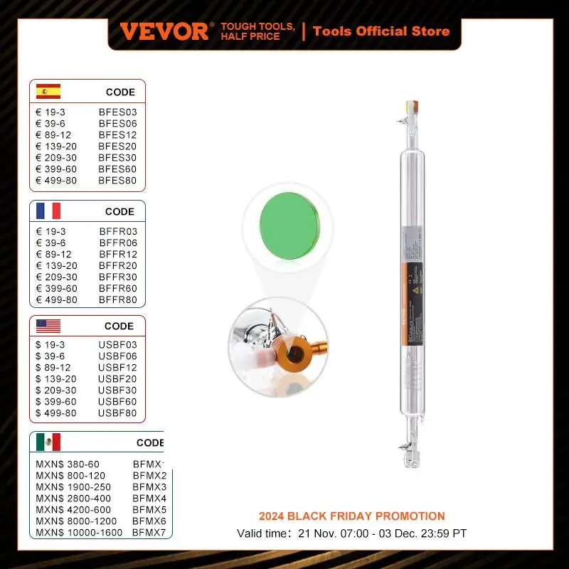 VEVOR Tube Laser CO2 40 W Tube de Gravure Laser Longueur 720 mm Diamètre 50 mm Transmittance Élevée