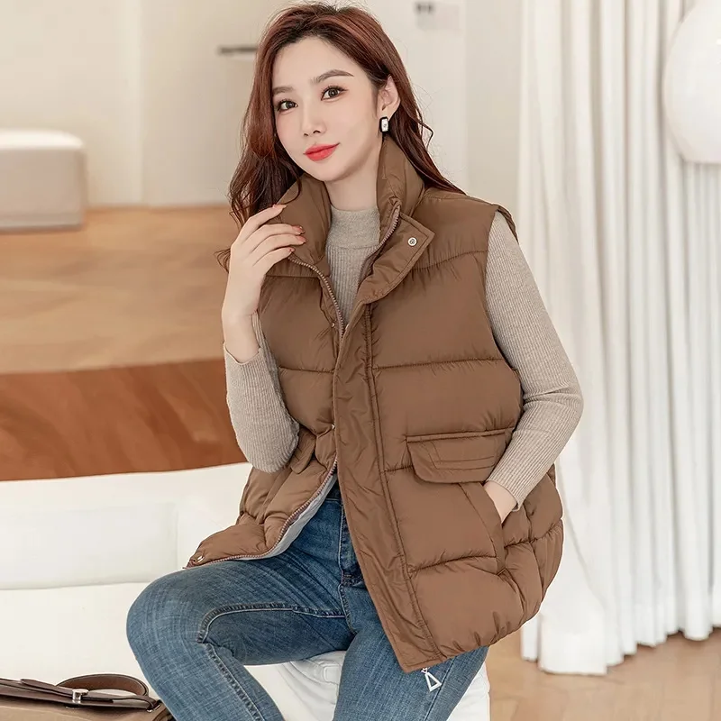 

Women Autumn Winter Short Down Vest Stand Collar Warm Casual Elegant Sleeveless Coats Outdoor Quilted Travel Jackets Clothes
