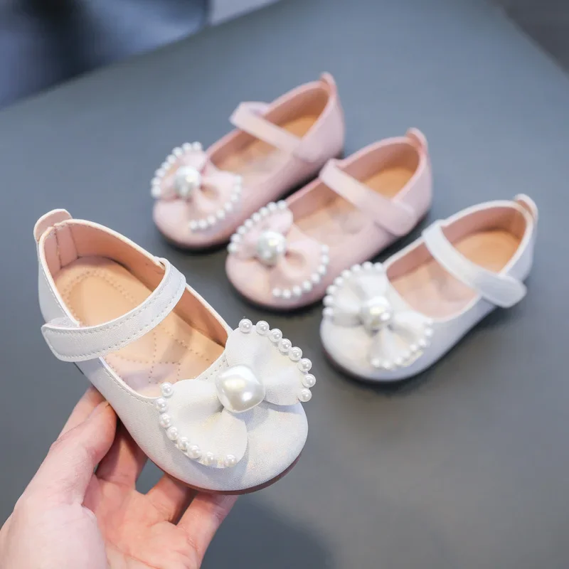 Solid Color Bow Simple Casual Pearl Cute Baby Girl Flats New 2024 Hook & Loop Little Princess Soft Mary Jane Fashion Kids Shoes