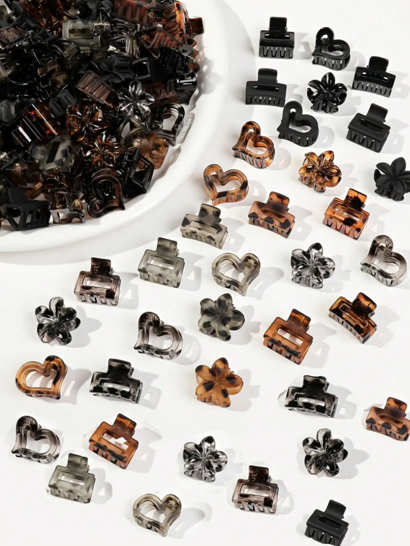 

Набор из 20 матовых пластиковых заколок для волос: в форме сердца, цветка и прямоугольника, цвета под черепаху, черный, серый