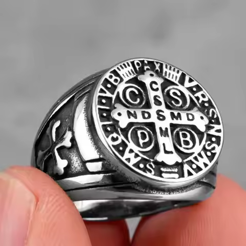 Vintage Religious Saint Benedict Cross Ring Antique Silver Plated Metal Catholic Exorcism Church Men Jewelry Gift Wholesale