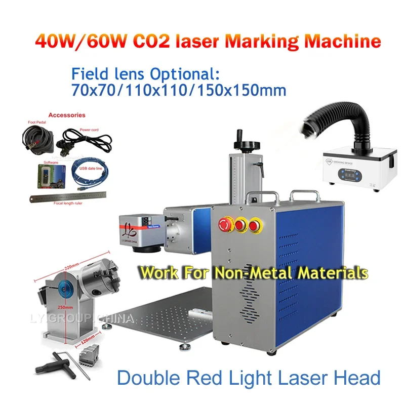 DAVI 60W CO2 Fiber Laser Marking Machine 40W Wood Engraver with Rotary Axis and Smoking Instrument for Non-Metal Material