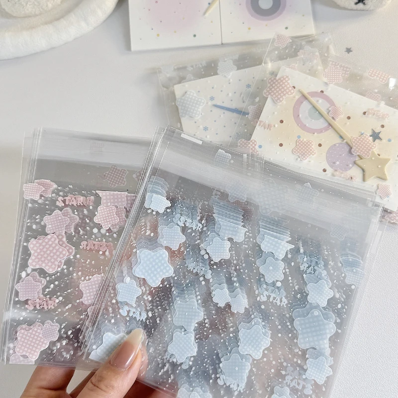 50sheet Pink Blue Star Self-Adhesive Clear Bags Transparent Poly Pouches for Journaling Supplies Small Gift Wrapping Storage