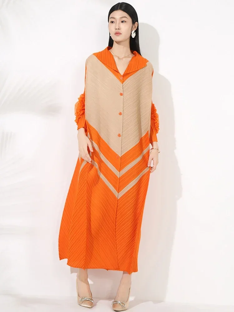 ANLAN カラーブロックラップル花バックル七分袖プリーツカーディガンドレス女性の 2025 新しいシックなシングルブレスト服