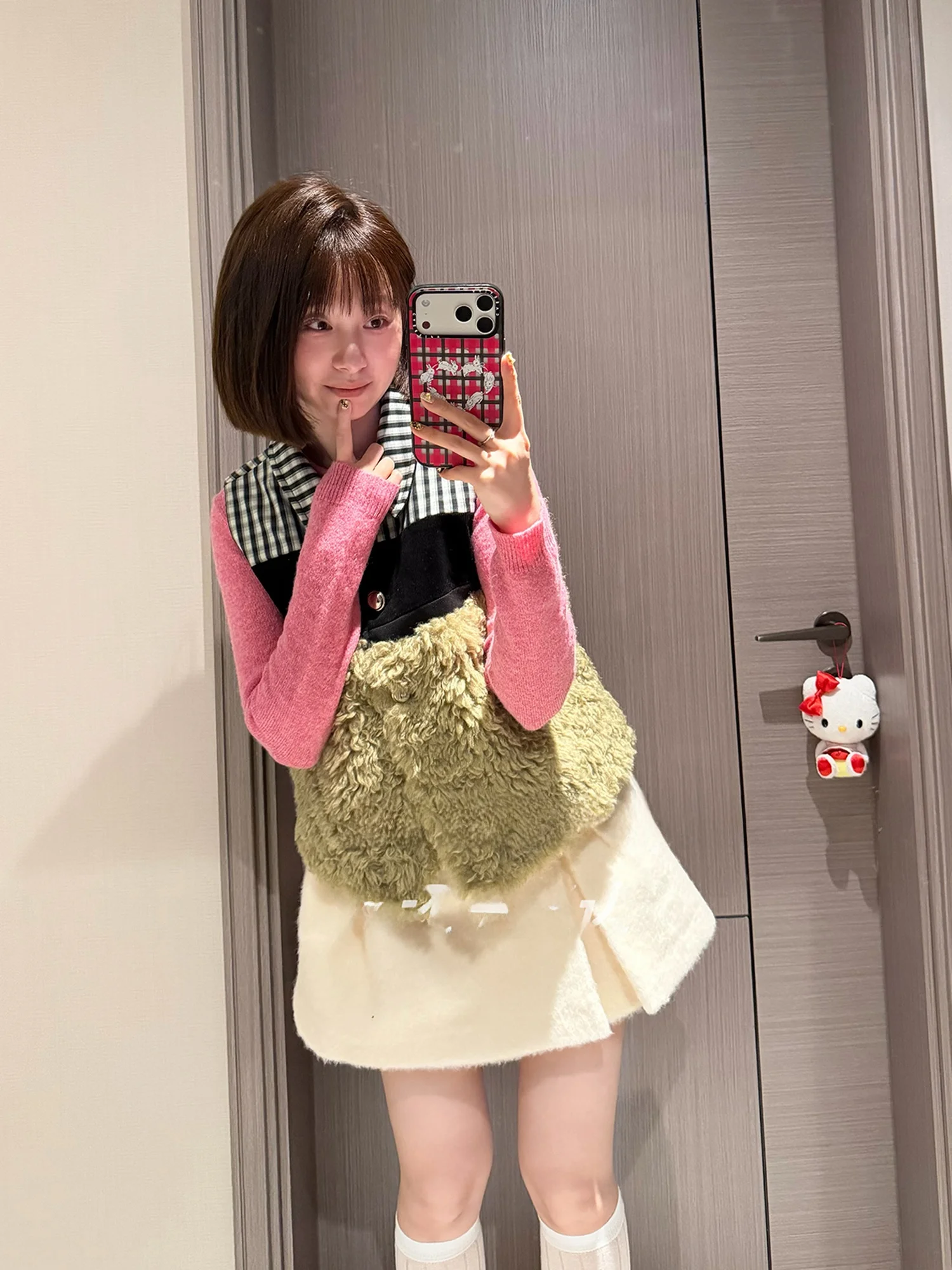 

Жилет JM с воротником и одной пуговицей, укороченный, с клетчатыми вставками и отделкой из овечьей шерсти, осенне-зимняя новинка для дома, для девушек