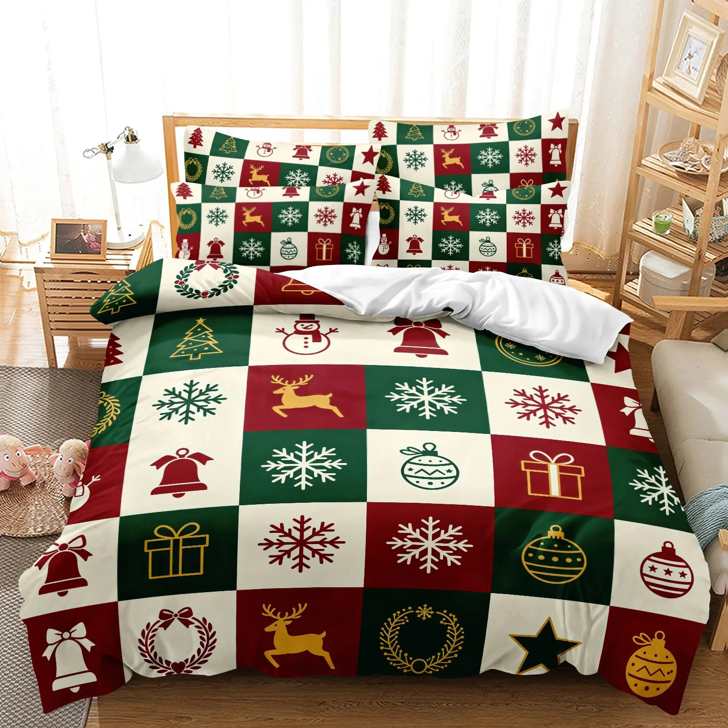 3Pcs Christmas Square Checkered Duvet Cover Bedding Set, Geometry Grid Reindeer Snowflake Bell Gift Box Wreath Pattern Bedding