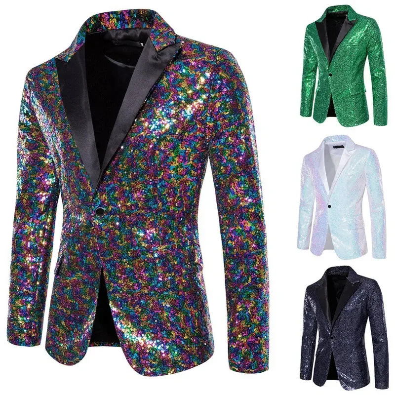 

Shiny Sequin Slim Fit Blazers Tuxedo for Men Party Dinner Prom Formal Suit Coat One Button Notch Lapel Night Suit Jacket