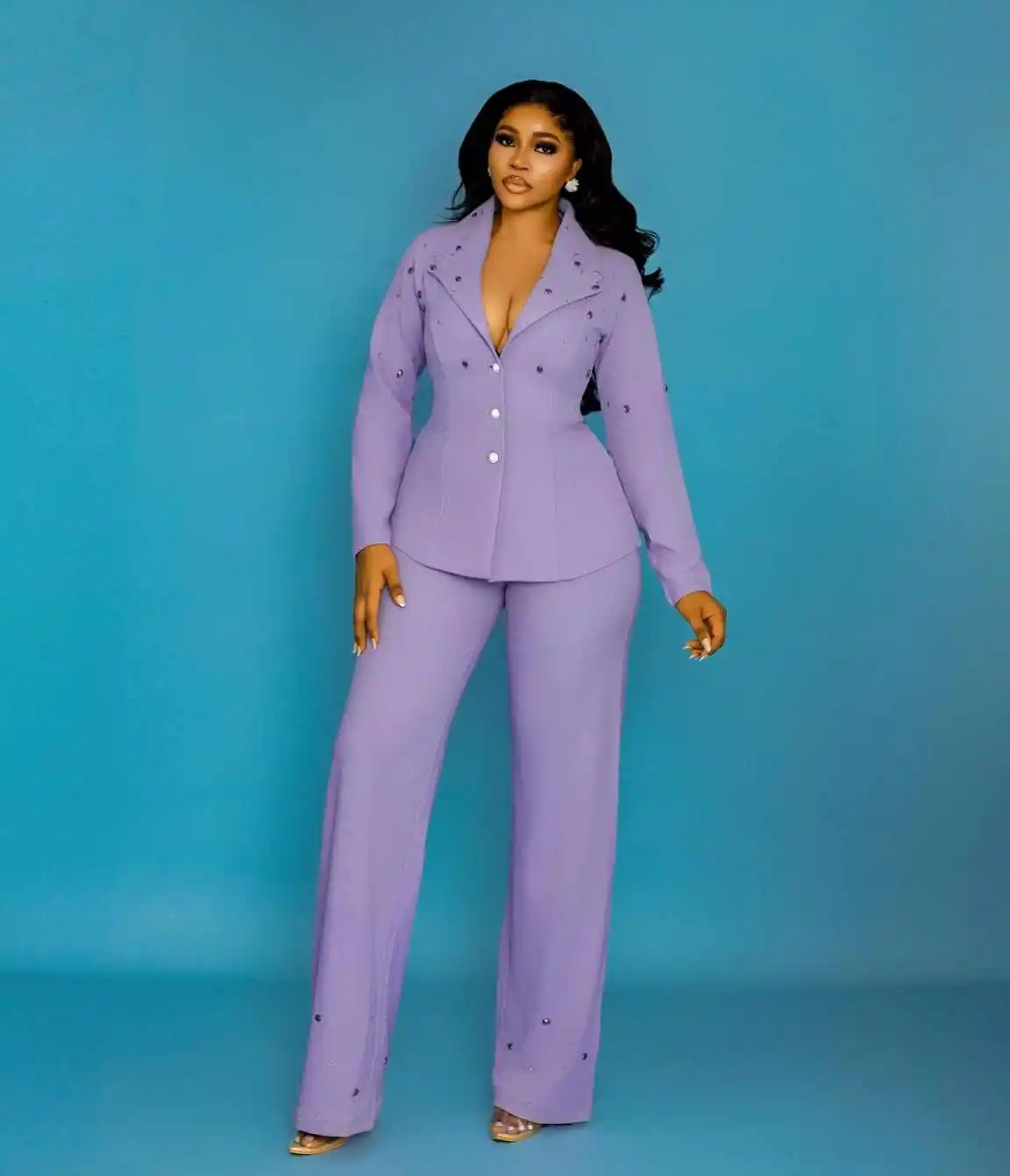 Trajes elegantes con cristales para mujer, trajes con cuello en V y una hilera de botones para oficina, trabajo de talla grande para fiesta de cumpleaños, trajes personalizados de 2 piezas