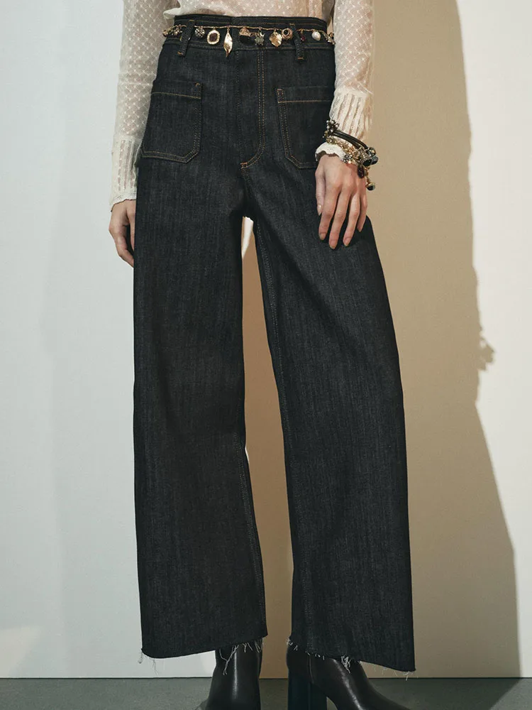 Calça Jeans Fena Casual de Cintura Alta com Perna Larga e Levemente Flare, Versátil e Emaecedora, Lançamento da Primavera.