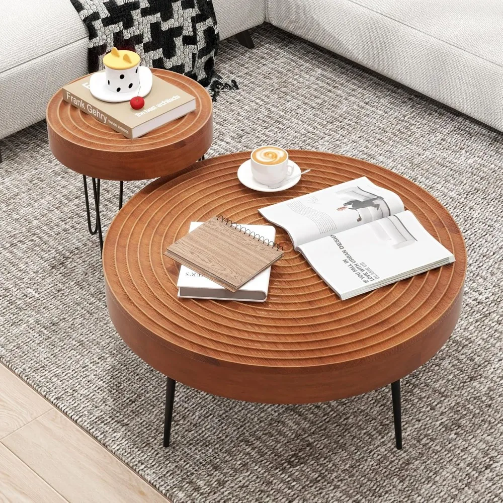 Conjunto de mesa de centro rústica estilo fazenda - 2 mesas laterais com estrutura de metal com acabamento em madeira e pés ajustáveis