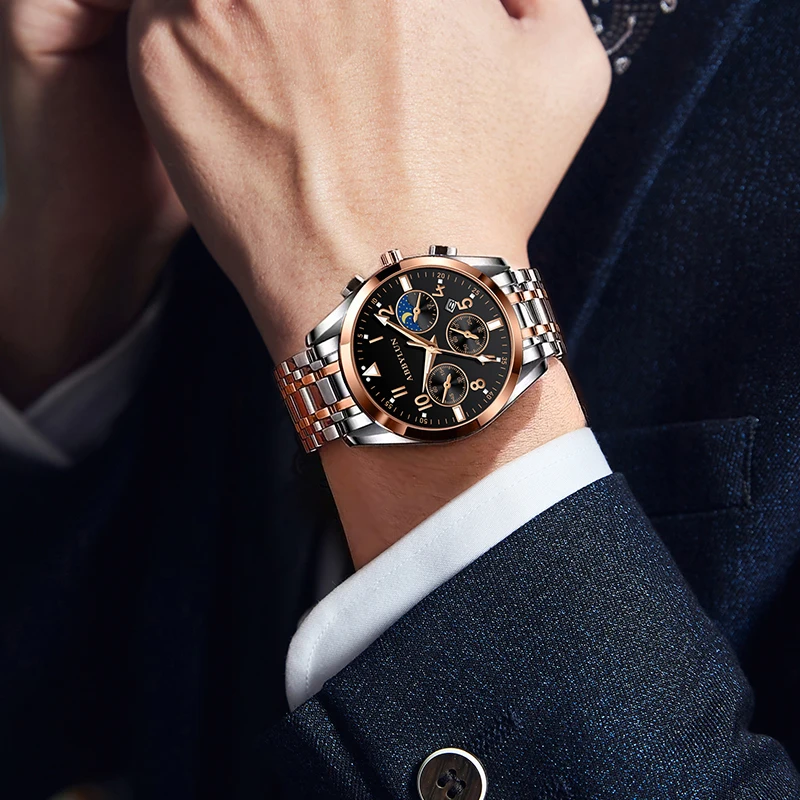 Abbylun นาฬิกาควอทซ์สำหรับผู้ชาย, นาฬิกาข้อมือ816คลาสสิกกันน้ำมัลติฟังก์ชั่นโครโนกราฟลำลอง