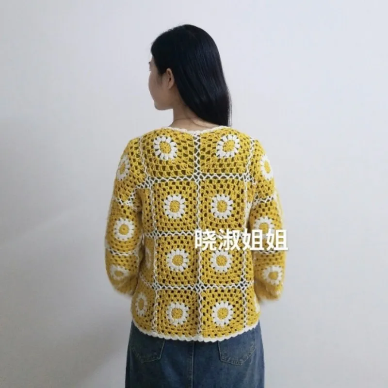 TIYIHAILEY Free Shipping Knitting  Single Breasted Coat Women Hand Made Yellow Outerwear Full Sleeve Flower Custom Made Cardigan