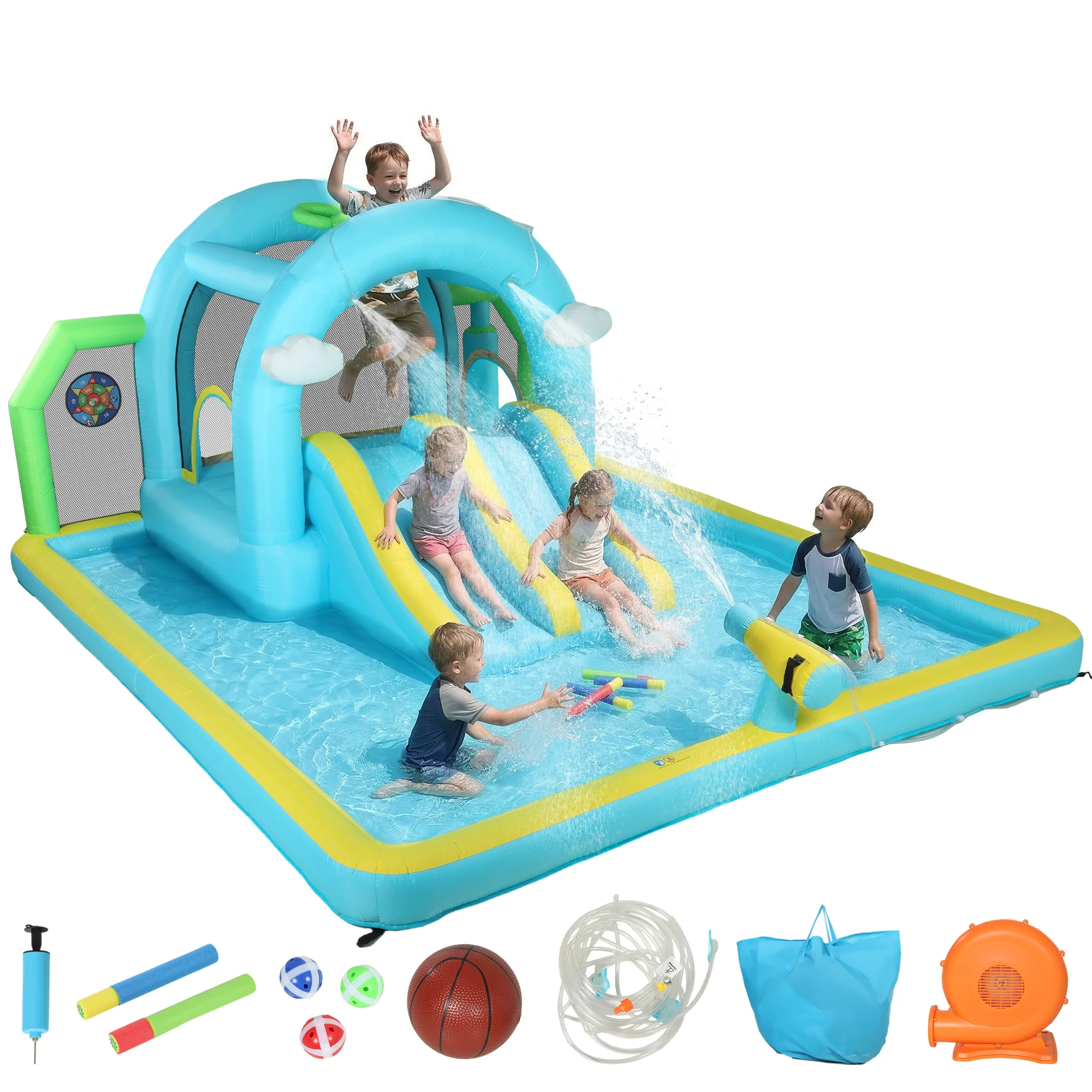 Aiyaplay 7-in-1 opblaasbaar waterkasteel met blower, 2 glijbanen, trampoline, zwembad, mand, bokskolom 426x360x198 cm