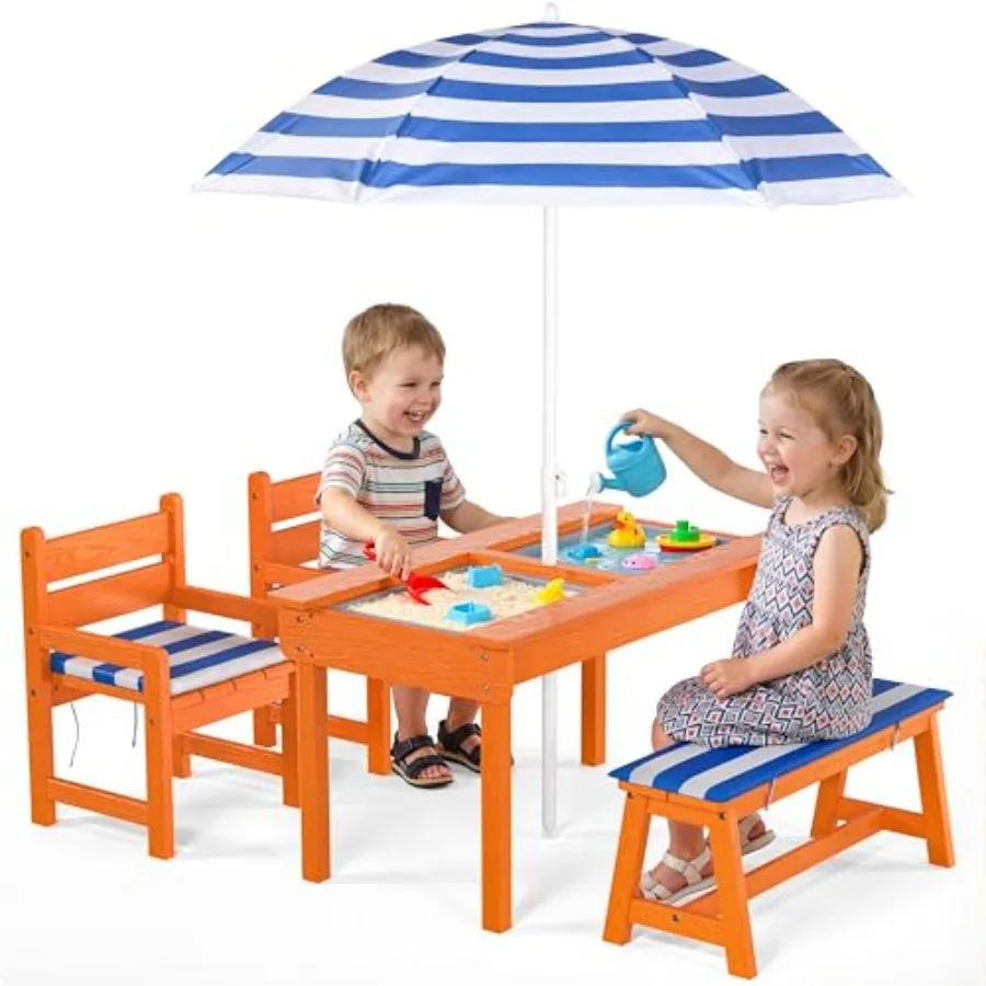 Picnic Table for Indoor Outdoor Play, Wooden Sand and Water Play Table, Natural Wood Color with Blue Umbrella, Large Size with