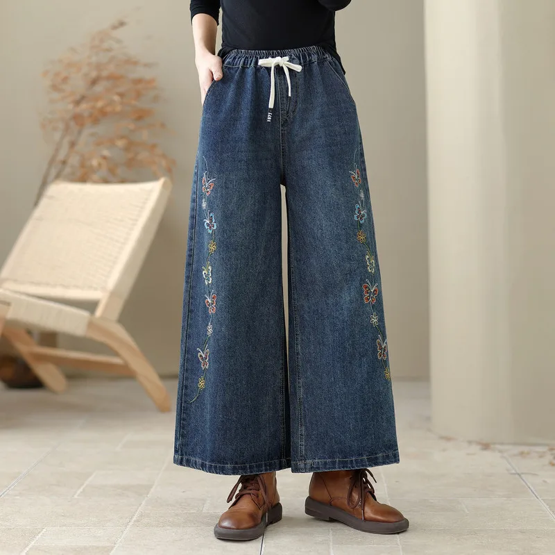 Pantalones vaqueros de pierna ancha con bordado Floral para chica Mori Vintage japonés, pantalones vaqueros rectos holgados informales con cintura elástica de otoño para mujer