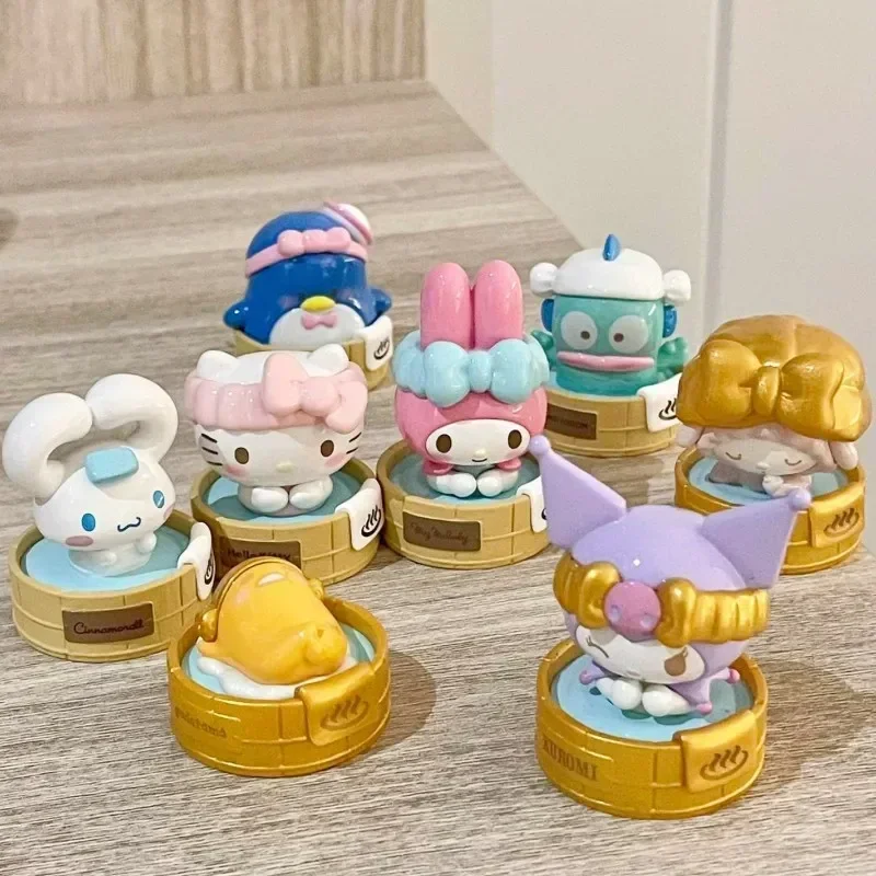 Sanrio Família Figurine Toy Doll, Cinnamoroll, Kuromi, Olá Kitty, Pompom Pochacco, Purin, Gudetama, Hot Spring Series, Presente, Novo