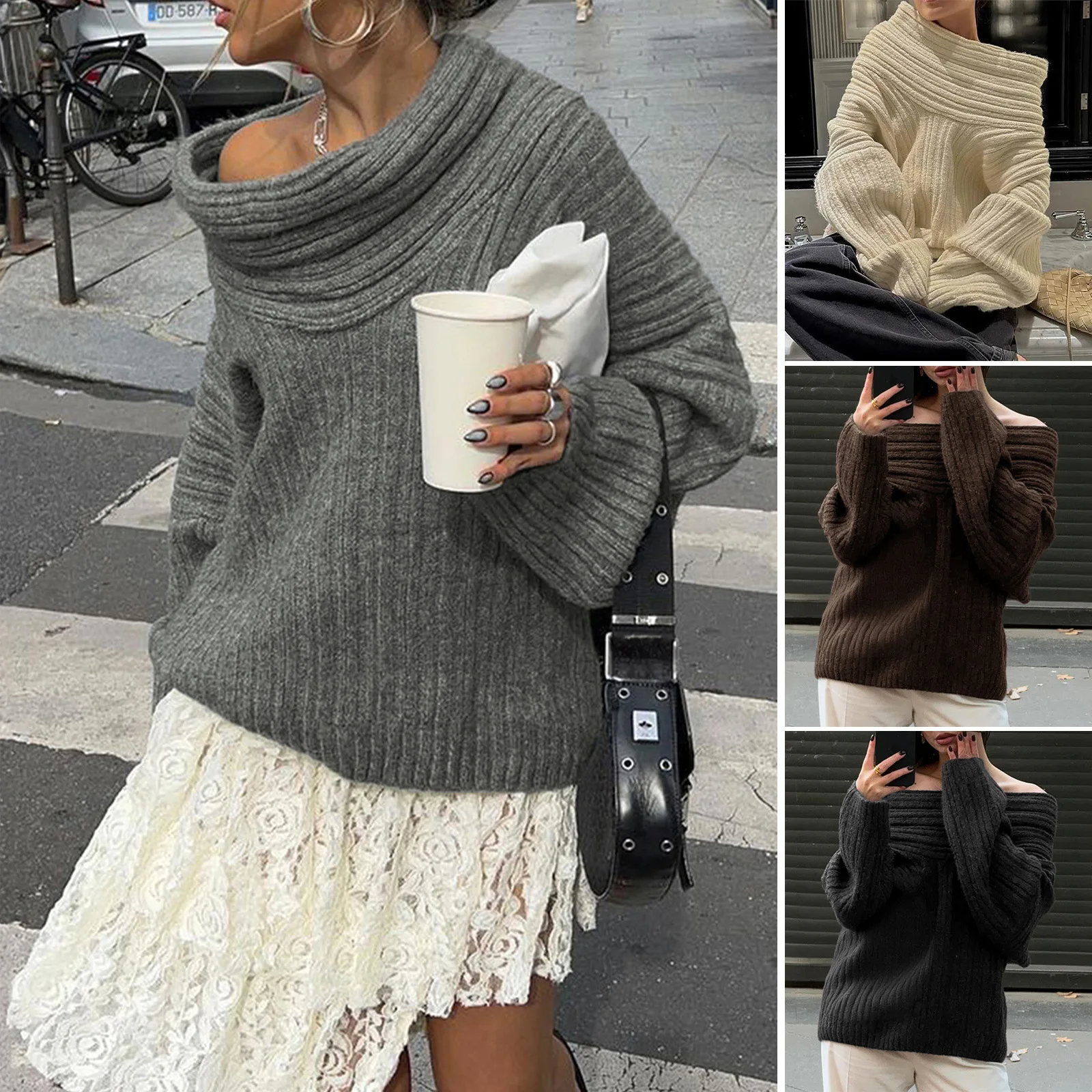 Women Sexy Solid One Neck Ribbed Sweater Fashion Off Shoulder Long Sleeve Knitted Pullover 2025 Autumn Lady Chic Street Knitwear