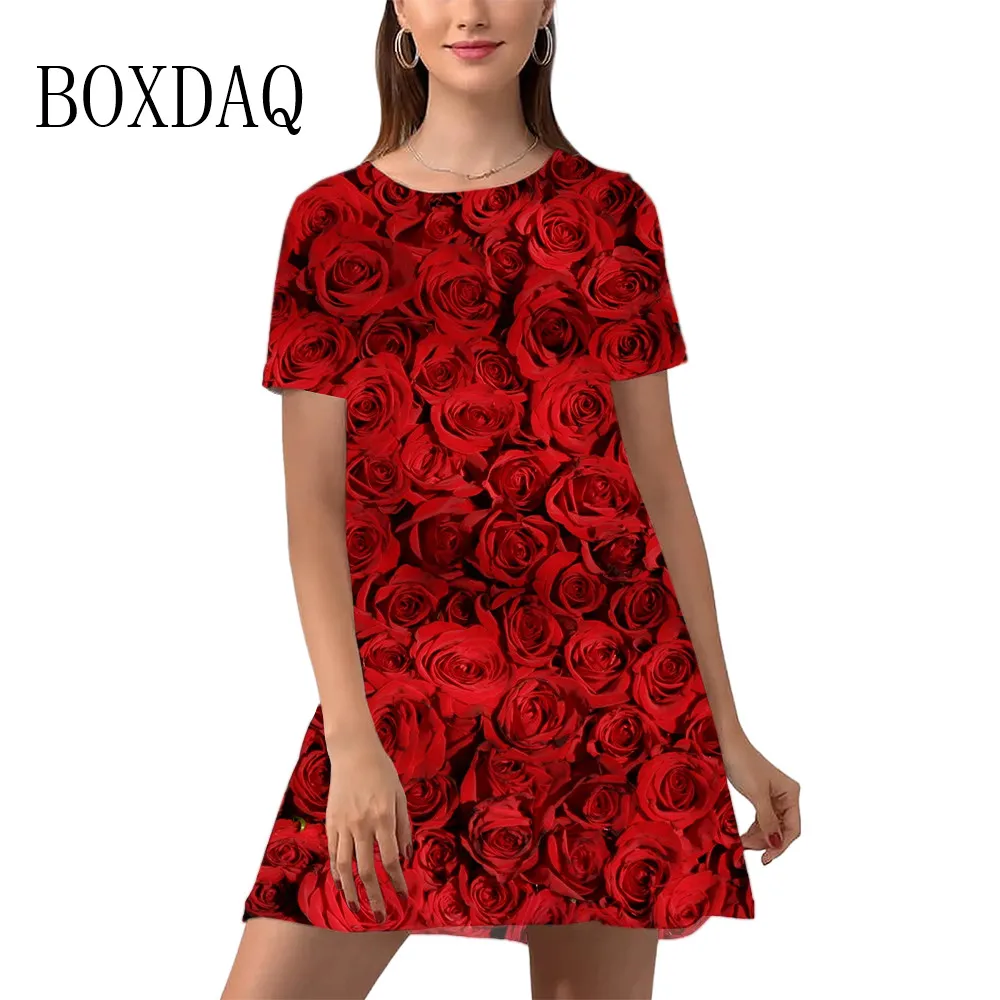 Red Rose Flower Dresses For Women Summer Vintage 3D Print Short Sleeve Mini Dress Casual O-Neck Loose Plus Size Clothes Sundress