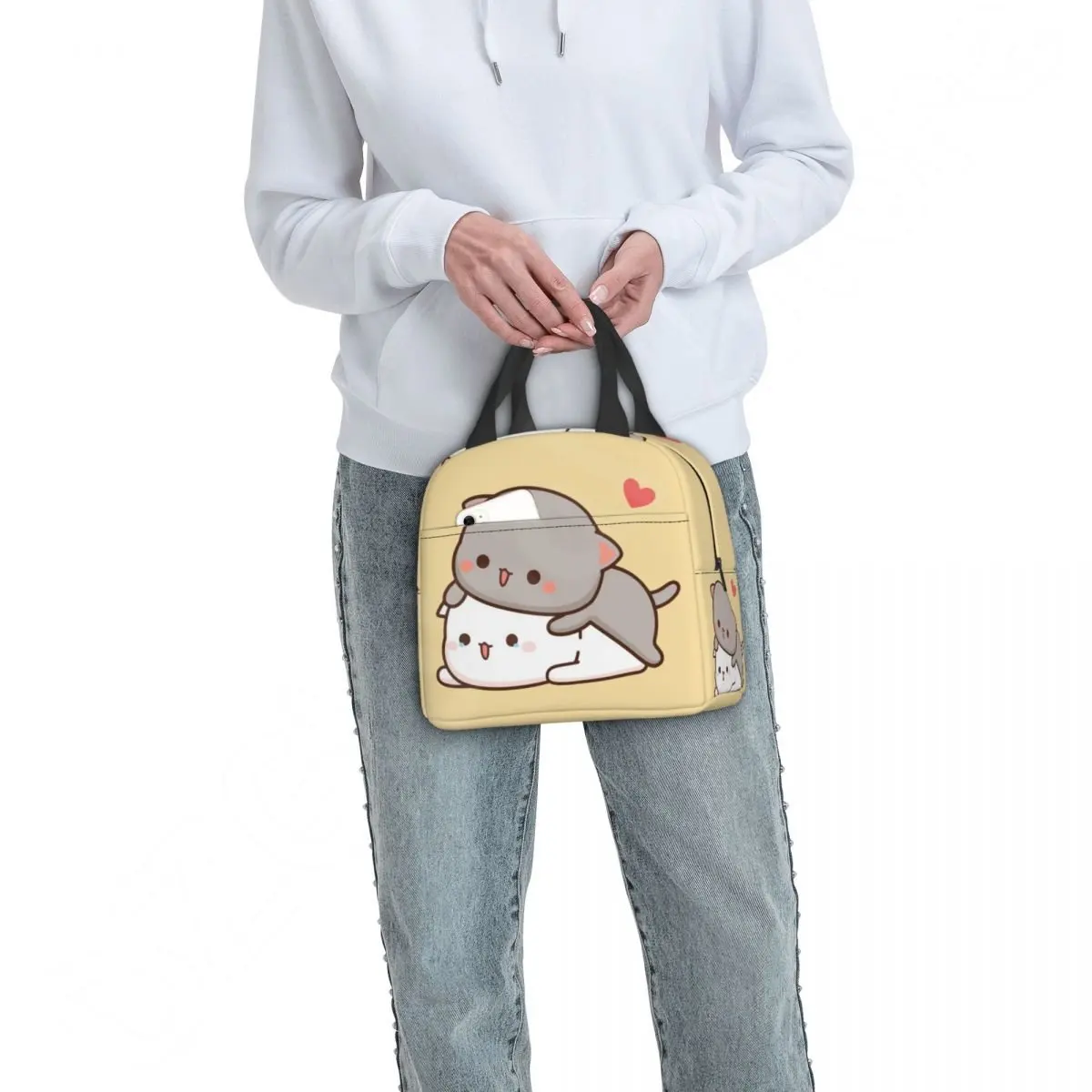 Couple Mochi Cat Insulated Lunch Bag Peach and Goma Thermal Lunch Box Portable Cooler Tote Bags for Children Women School Work