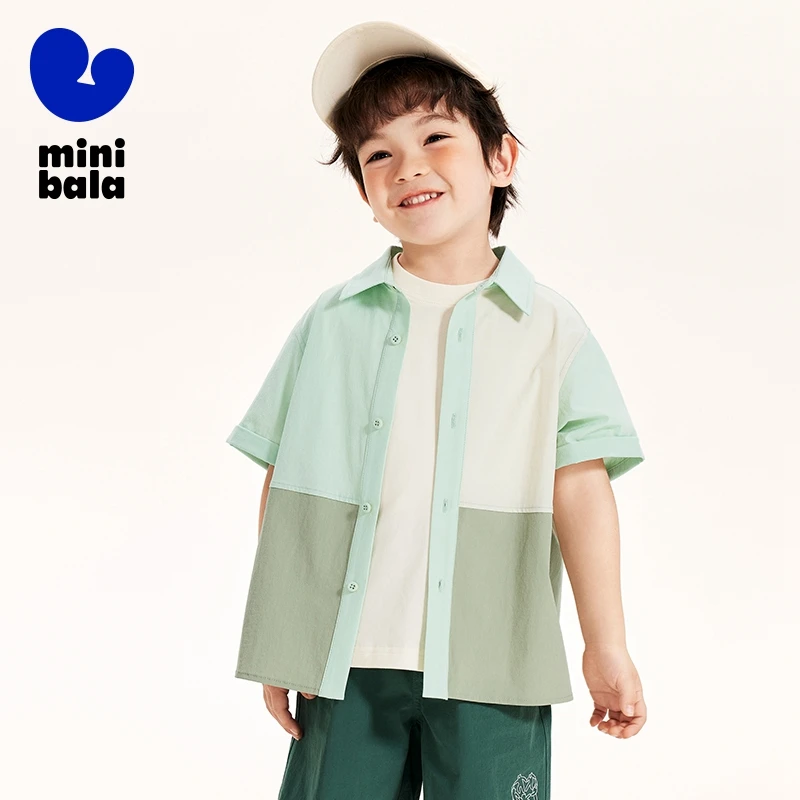 Mini Bala Shirt Boys Short Sleeve Shirt 2024 Summer Baby Moisture-Wicking Quick-Dry Cooling Trendy Color-Block Top