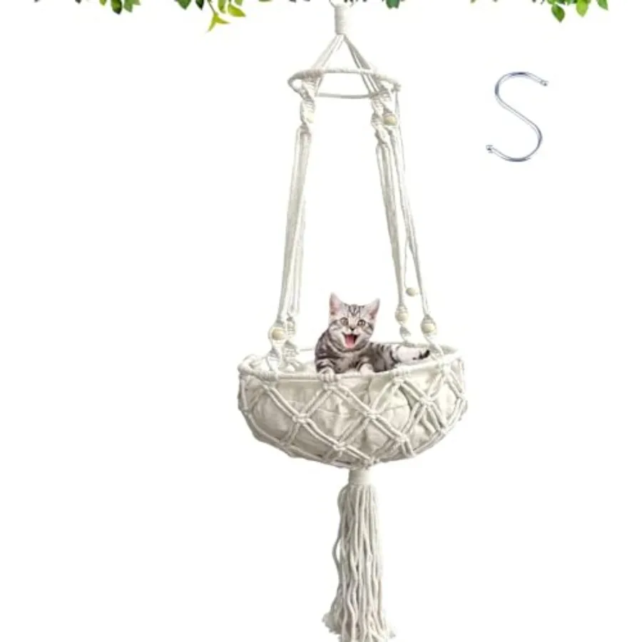Macrame Cat Hammock with Cushion, Handwoven Cats Bed, Hanging Indoor Boho Kitten Swing Beds for Playing Sleeping Climbing and L
