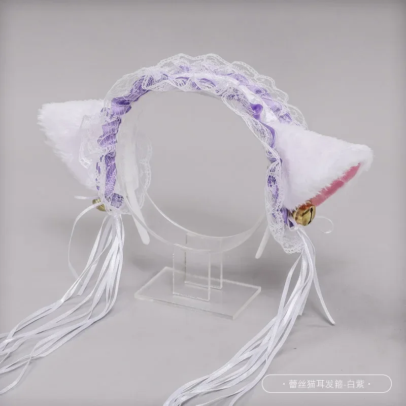 Diadema Lolita con orejas de gato para mujer y niña, lazo de encaje para la cabeza, tocado de sirvienta de Cosplay para fiesta de boda, accesorios para el cabello de Anime, 1 unidad