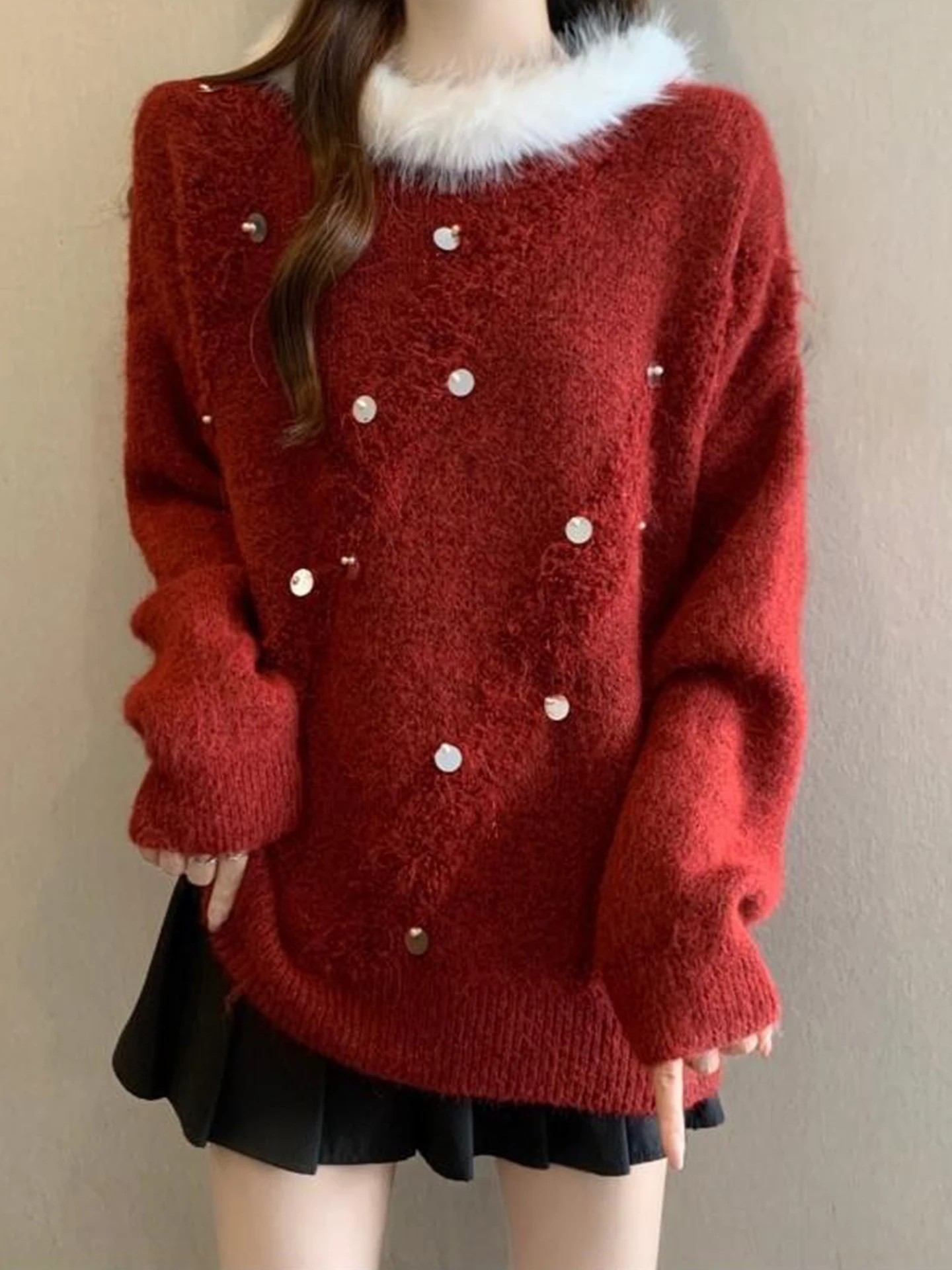 

Красный вязаный свитер с пайетками для женщин больших размеров, осенне-зимний, модный, для повседневной носки, с круглым вырезом, с длинными рукавами