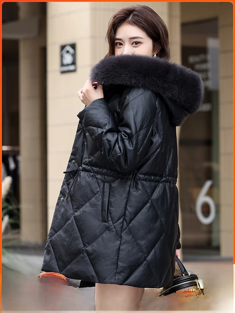 

Женская зимняя куртка-пуховик из натуральной овчины с меховой отделкой, утепленная, с поясом на талии, длинная, для повседневной носки