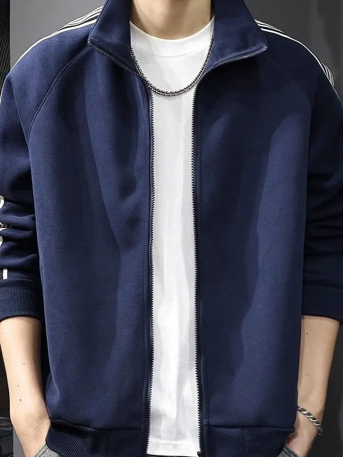 

Мужская толстовка на молнии в стиле ретро, осенне-зимняя новинка, полосатый кардиган, повседневная верхняя одежда, модная куртка с воротником-стойкой