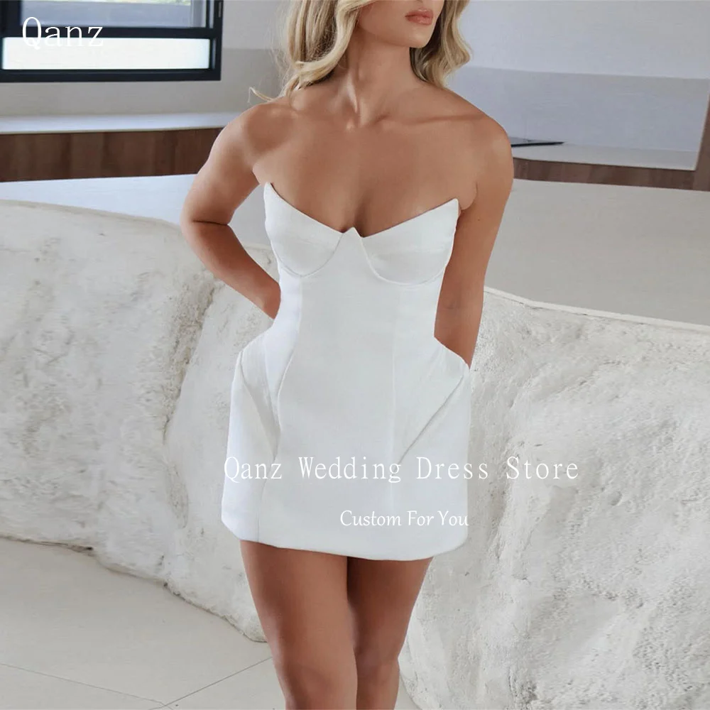 

Qanz Vintage Satin Wedding Dress Sweetheart Mini Sleeveless A Line Vestidos De Novia Para Boda Civil Bridal Gowns Customized