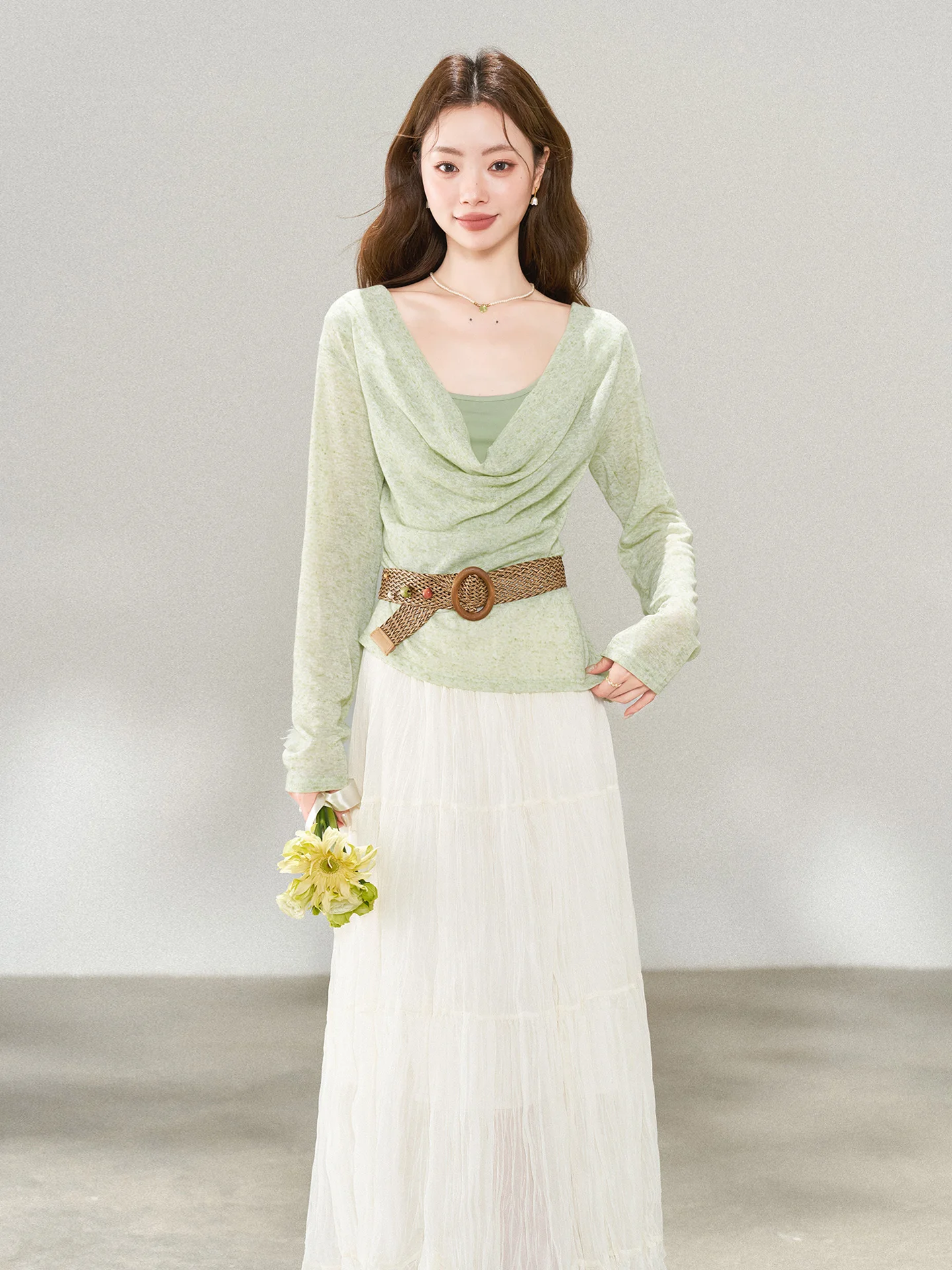 

Spring 2026 Fashion Knitted Sweater Set High Waist Half Skirt Splice Design Women's Ensemble Tagkita Brand Regular Fit Long S...