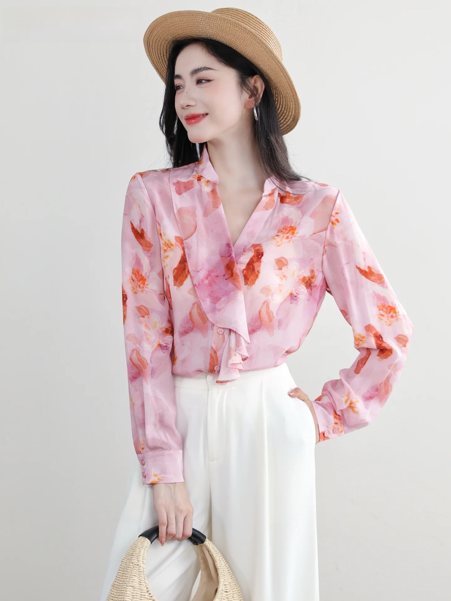

Elegant Silk Shirt Women's Petal Collar Gentle Ageless Spring Summer New Style Commute Style Straight Cut Long Sleeve Shirt