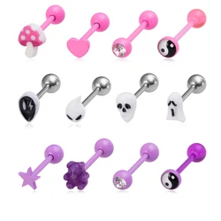 4pcs Bear Yin Yang Heart Tongue Piercing Ring Barbell Cute Style Body Jewelry Halloween Decoration 14 Gauge