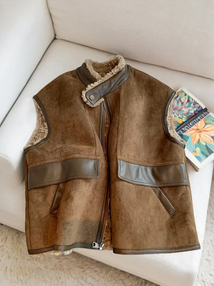 سترة نسائية عصرية من الصوف البني مع سحاب مرقع دافئ سميك بدون أكمام معطف نحيف كل مباراة ملابس الشارع الشهير قطع علوية مقصوصة