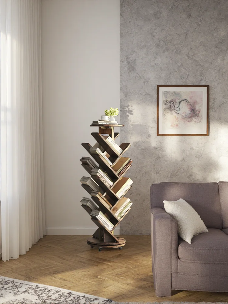 Bücherregal mit 8 Regalen und 17 Fächern auf Rollen – platzsparendes Baumregal, Aufbewahrungseinheit für Bücher und CDs, braun