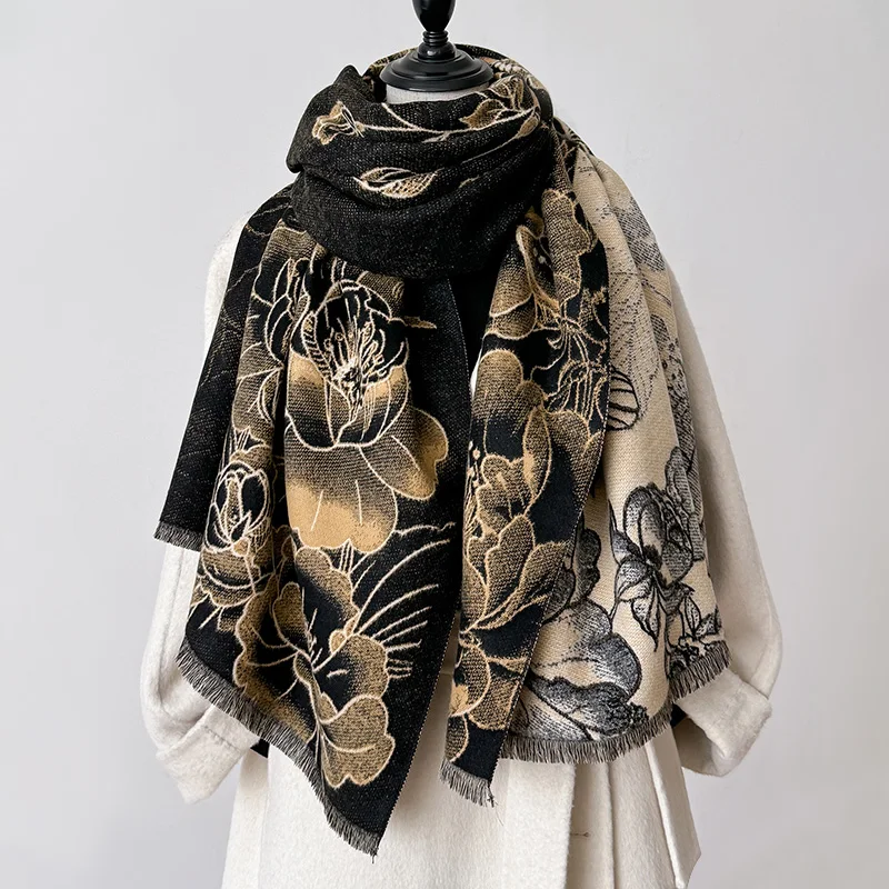 New Luxury Winter Peony Two-Sided Cashmere Jacquard Scarves High Quality Women Thicken Wrap Shawl Ladies Wool Pashmina Scarf