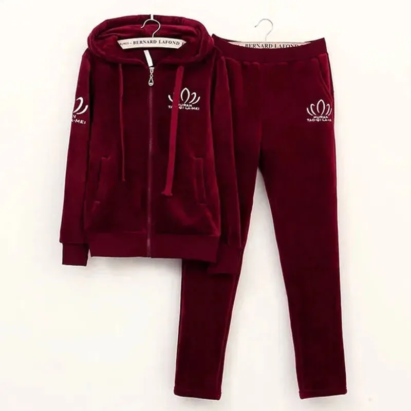 Winter Thick Velvet Tracksuit 2 Piece Set Womens Hooded Sweatshirt Suits Plush Velour Pants Outfit Casual Embroidery Warm Trajes