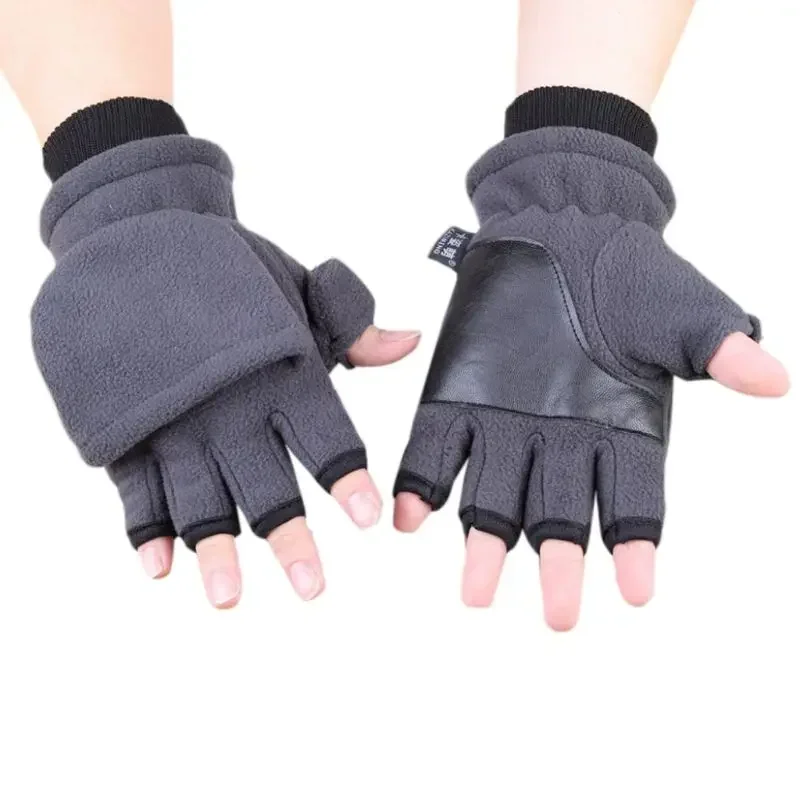 Guantes Polar de invierno para hombre y mujer, guantes con tapa de medio dedo, doble capa gruesa, pantalla táctil, mitones convertibles sin dedos, guerra de muñeca