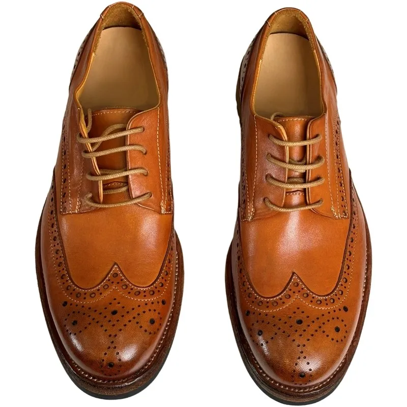 Vintage Leather Shoes Washed Horse Leather Floral Carved Insole  Outsole  Craft Car Oxford Thread Stitching British Style