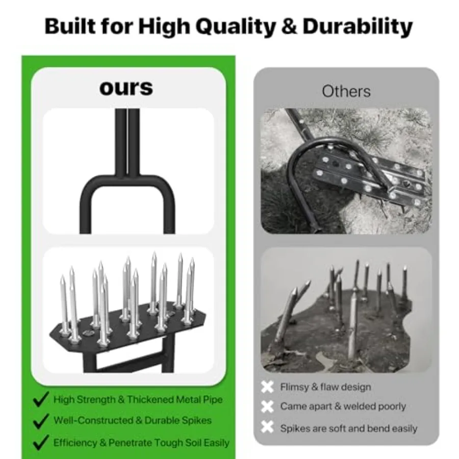 Manual Lawn Aeration Tool with 18 Iron Spikes for Grass and Yard Maintenance 38.8 Inch Heavy Duty Hand Aerator Featuring Double