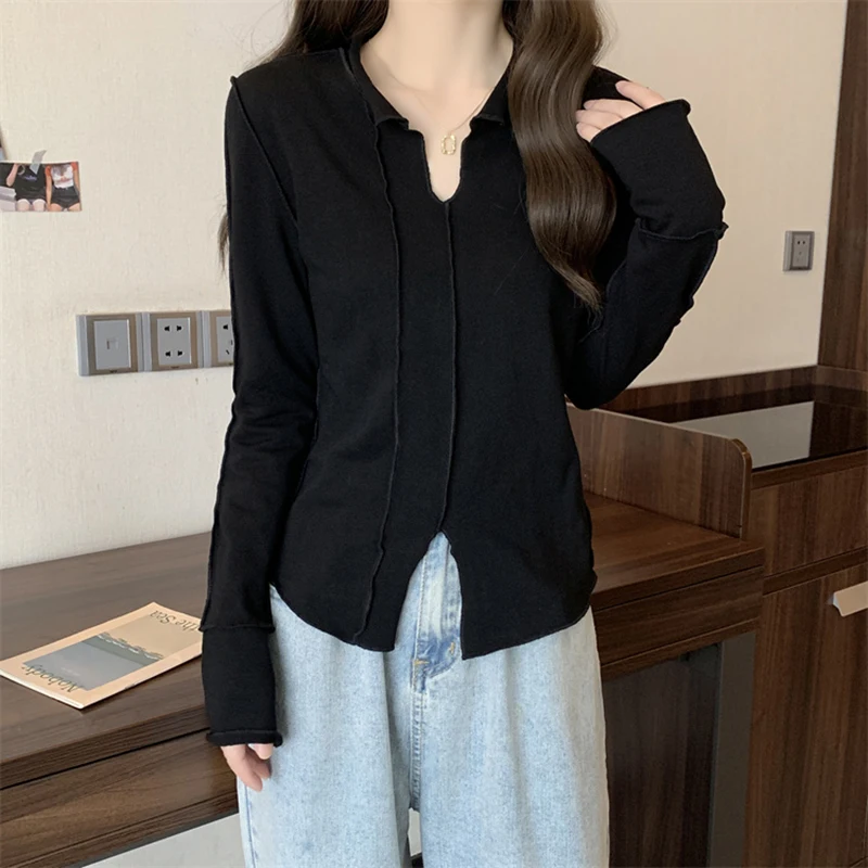 Bright Line Decoration Slim Tunic Fall Spring Long Sleeve V Neck Women T Shirts Fashion Harajuku Oversized Clothes Euro Size New