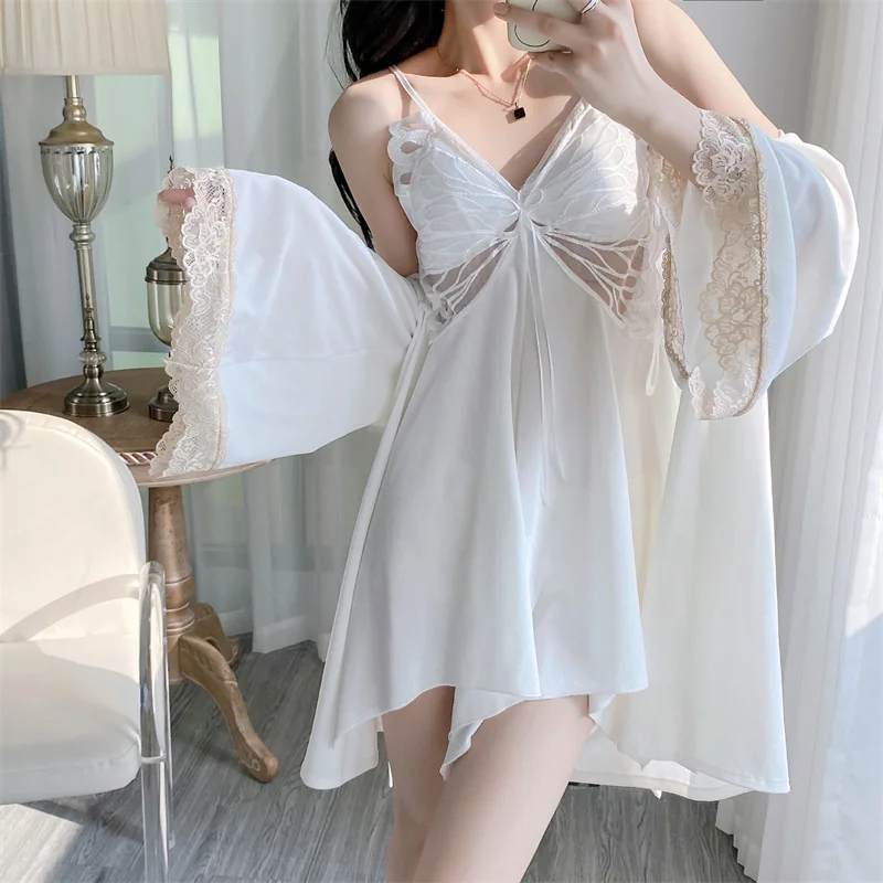 Slimmer Pajamas Bra Pad Women V-neck Butterfly Canary Velvet Spring  Autumn Suspender Two Sets of Nightdress Robe