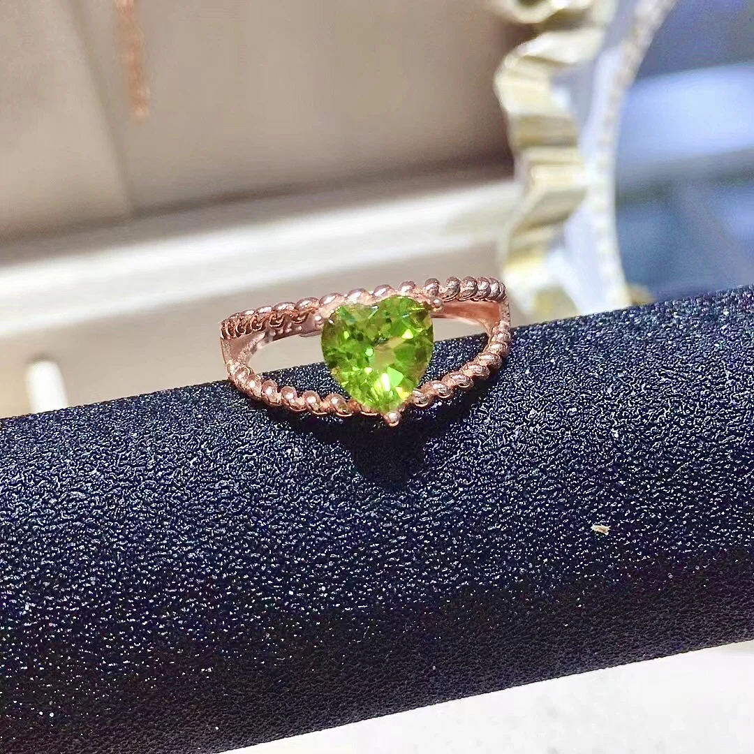 solid 925 silver romantic heart gemstone ring 7mm 0.7ct VVS grade natural peridot ring 18K gold plating peridot jewelry