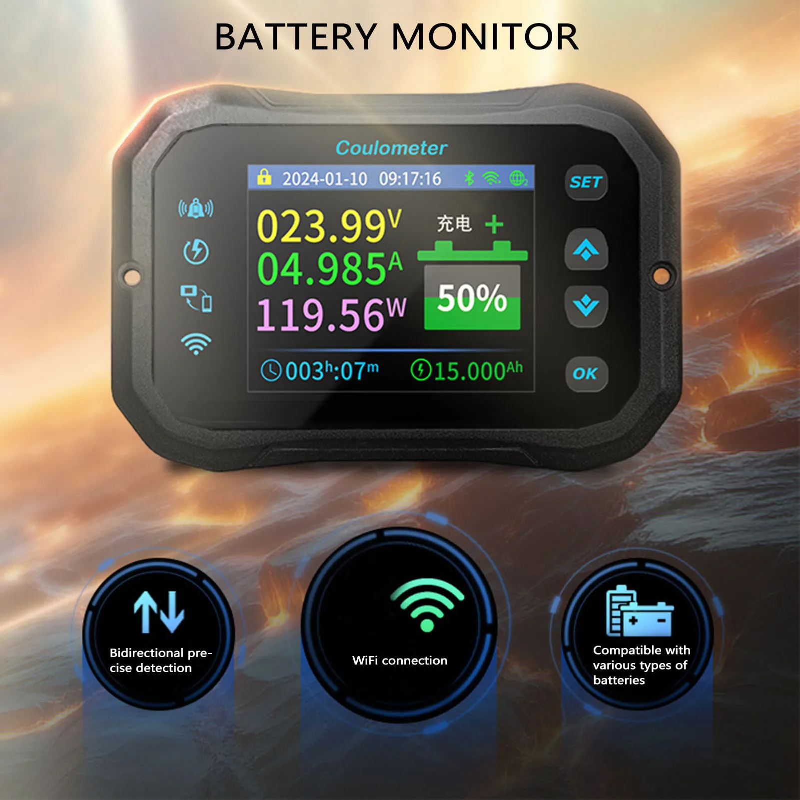 

WiFi Battery Monitor 10-100V 0-50A Bidirectional Detection Bluetooth Remote Monitoring Battery Monitor with Shunt
