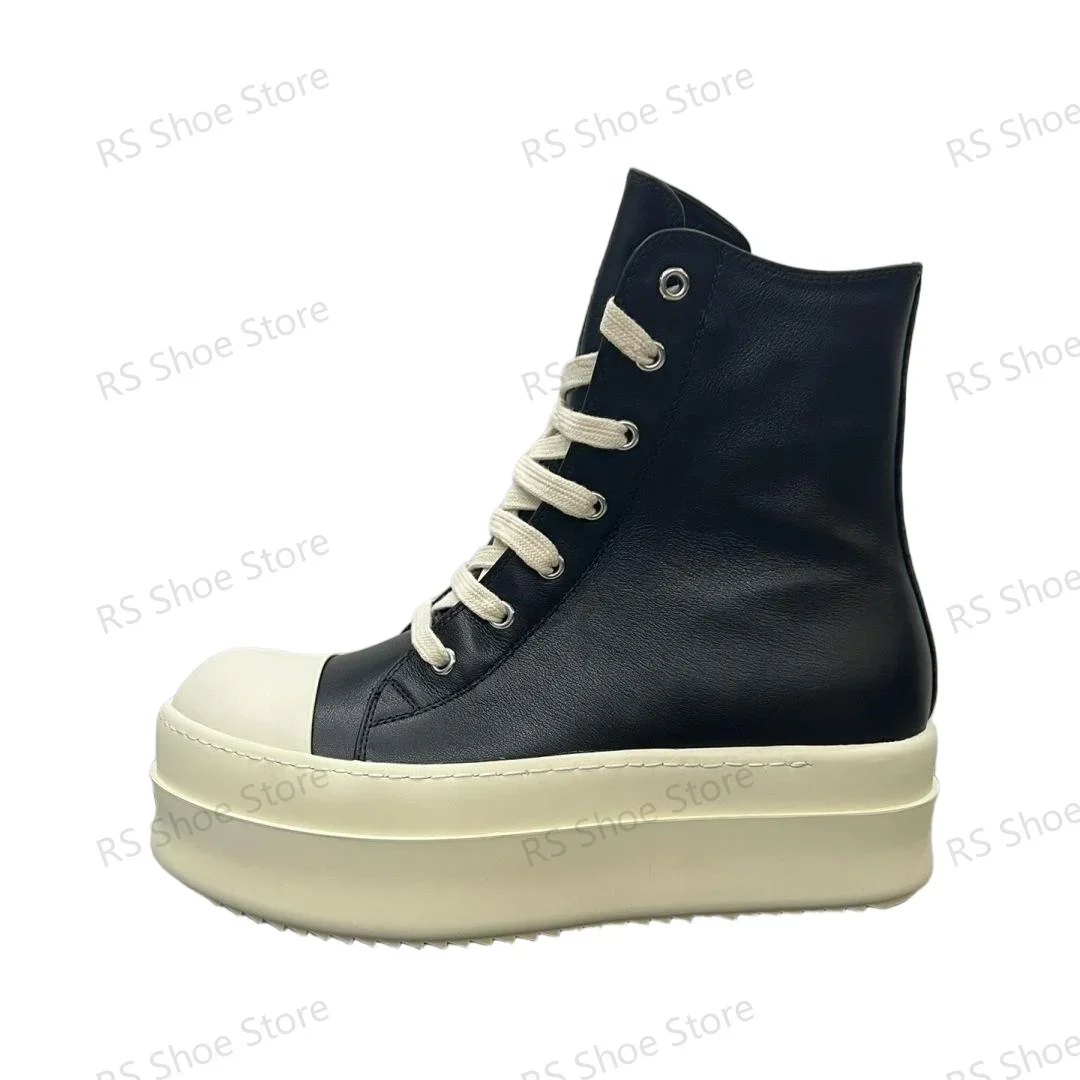 

Ro Men Shoe Black Leather High Top Shoes Women Sneaker Casual Boot Zipper 6cm Thick Sole Height Increasing Pantshoes Sneakers